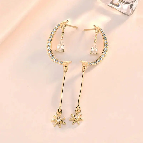 Lovcia Elegant CZ Crescent Moon Stars 925 Sterling Silver Dangling Earrings-Earrings-14K Yellow Gold-14K Yellow Gold