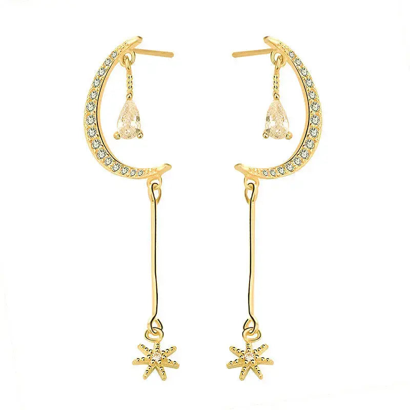Lovcia Elegant CZ Crescent Moon Stars 925 Sterling Silver Dangling Earrings-Earrings-14K Yellow Gold-14K Yellow Gold