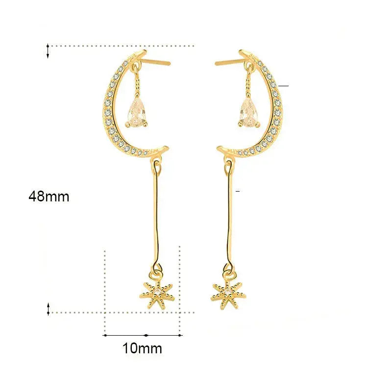 Lovcia Elegant CZ Crescent Moon Stars 925 Sterling Silver Dangling Earrings-Earrings-14K Yellow Gold-14K Yellow Gold