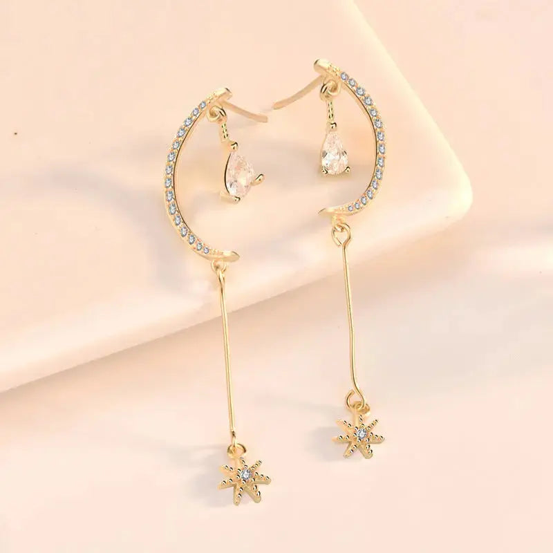 Lovcia Elegant CZ Crescent Moon Stars 925 Sterling Silver Dangling Earrings-Earrings-14K Yellow Gold-14K Yellow Gold