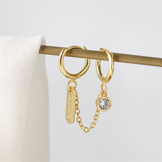 Lovcia Elegant Double Hole CZ Love Letters Rectangle 925 Sterling Silver Hoop Earrings for Women-Earrings-Yellow Gold-Yellow Gold