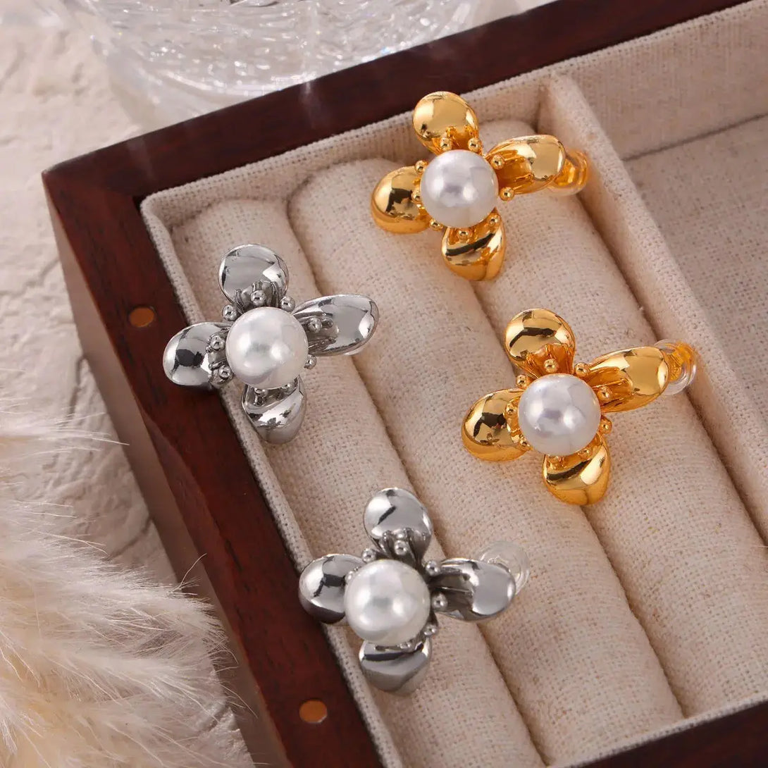 Lovcia Elegant Flower Earrings with Synthetic Pearl and Titanium Steel for Women-Earrings-Gold-One Size-Gold