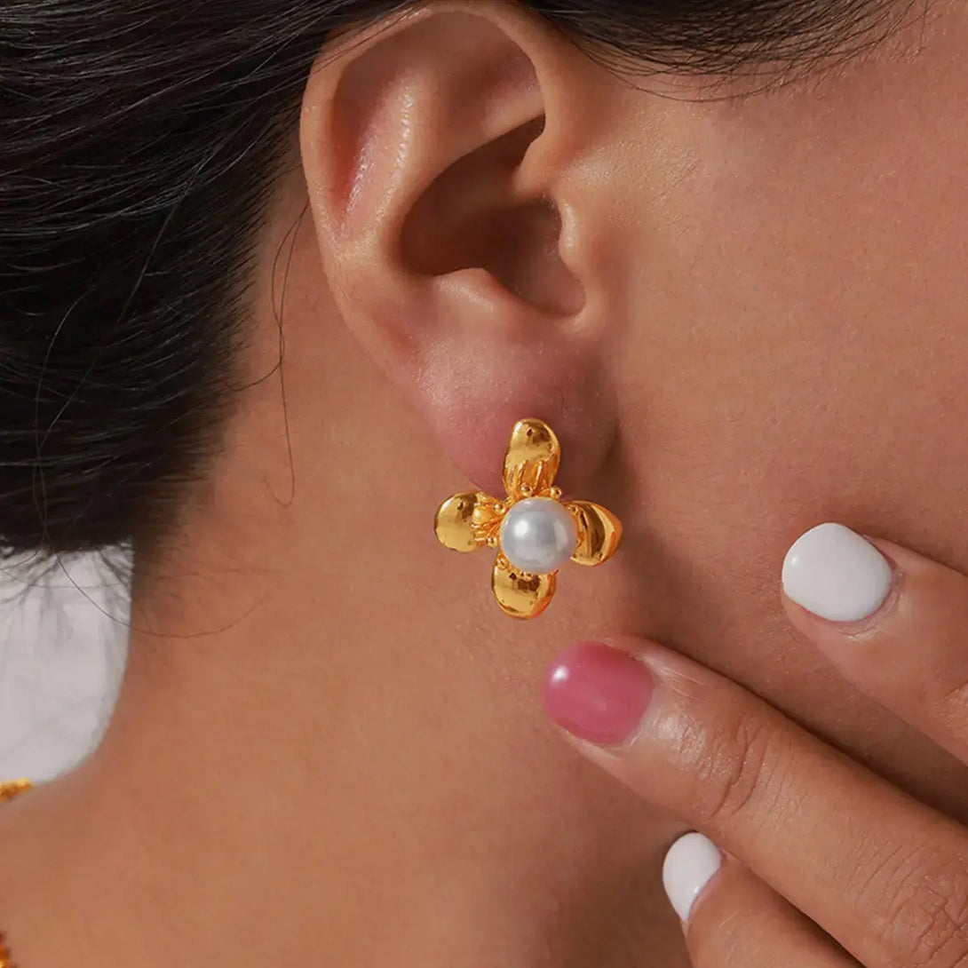 Lovcia Elegant Flower Earrings with Synthetic Pearl and Titanium Steel for Women-Earrings-Gold-One Size-Gold