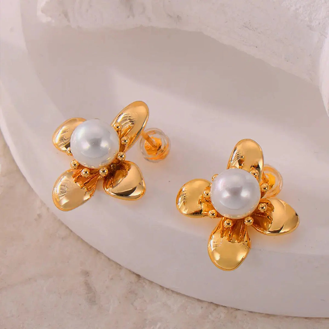 Lovcia Elegant Flower Earrings with Synthetic Pearl and Titanium Steel for Women-Earrings-Gold-One Size-Gold