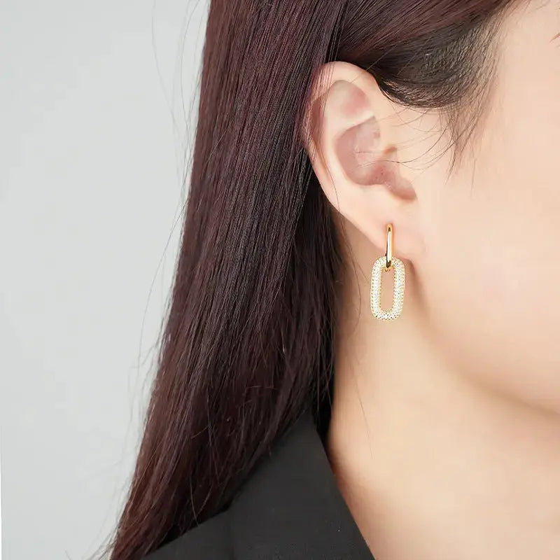 Lovcia Elegant Geometry CZ Oval Hollow 925 Sterling Silver Leverback Dangling Earrings-Earrings-Yellow Gold-Yellow Gold