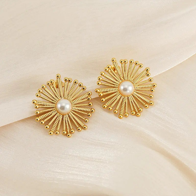 Lovcia Elegant Gold-Plated Pearl Flower Stud Earrings for Women-Earrings-Gold-Gold