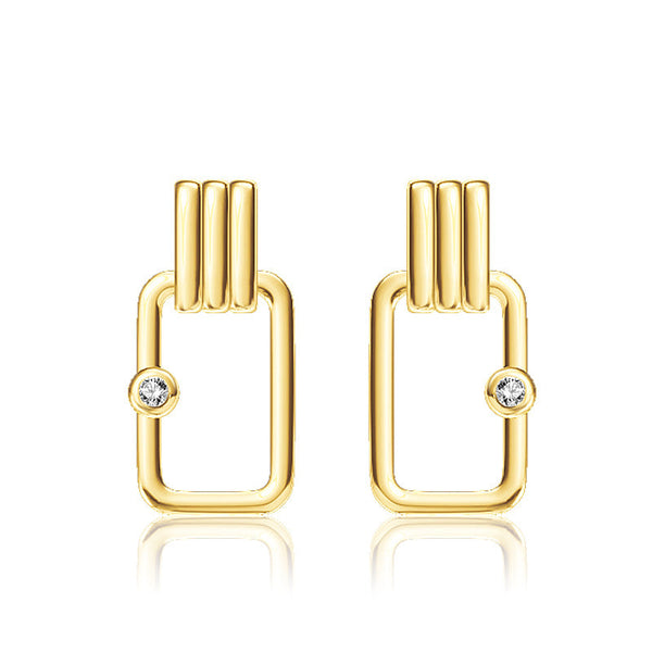 Lovcia Elegant Hollow Rectangle Cubic Zirconia 925 Sterling Silver Earrings for Women with 14K Gold Plating-Earrings-14K Yellow Gold-14K Yellow Gold