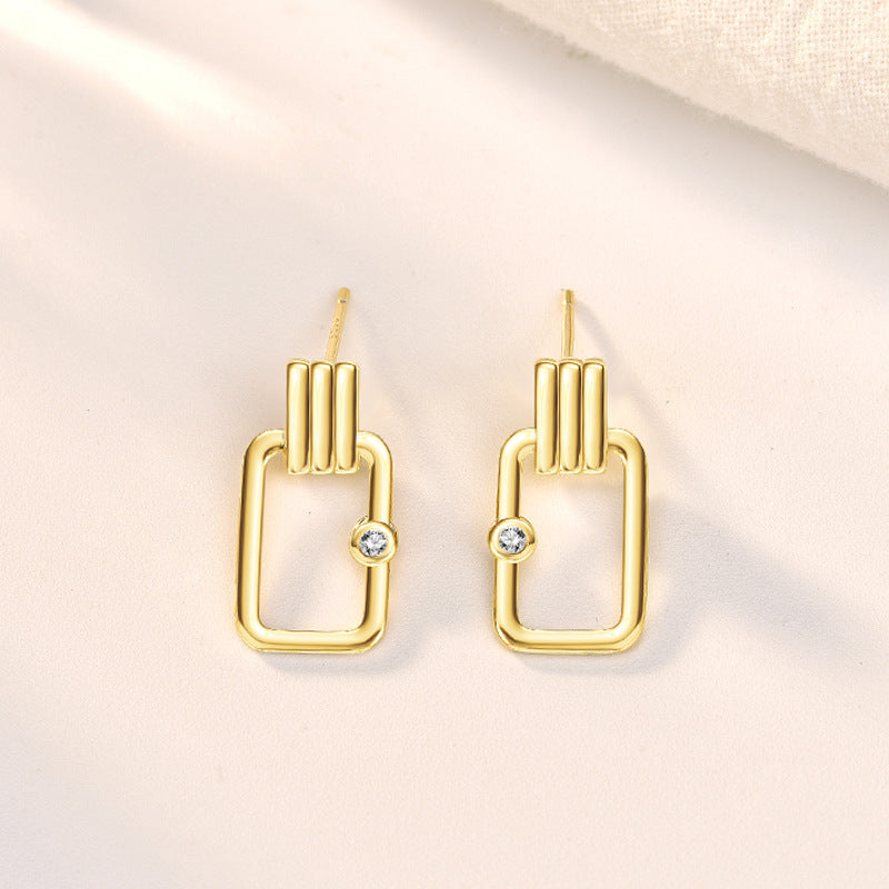 Lovcia Elegant Hollow Rectangle Cubic Zirconia 925 Sterling Silver Earrings for Women with 14K Gold Plating-Earrings-14K Yellow Gold-14K Yellow Gold