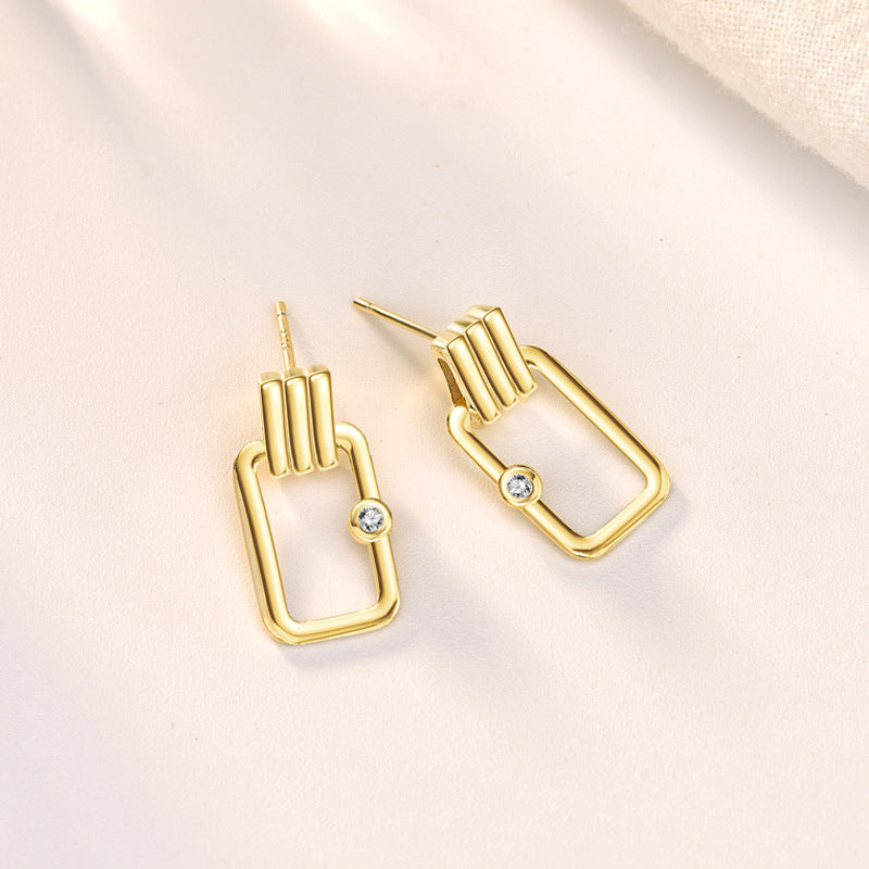 Lovcia Elegant Hollow Rectangle Cubic Zirconia 925 Sterling Silver Earrings for Women with 14K Gold Plating-Earrings-14K Yellow Gold-14K Yellow Gold