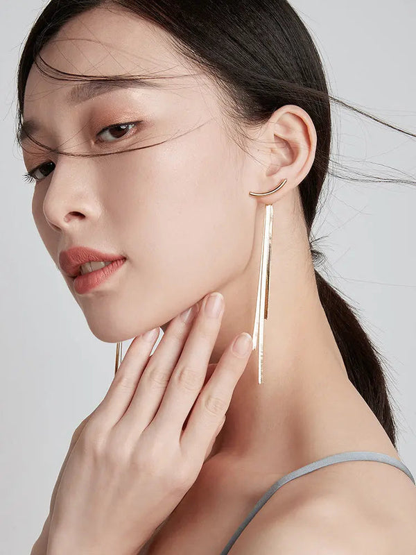 Lovcia Elegant Long Golden Tassel Earrings with Artificial Gems-Earrings-Gold-Gold