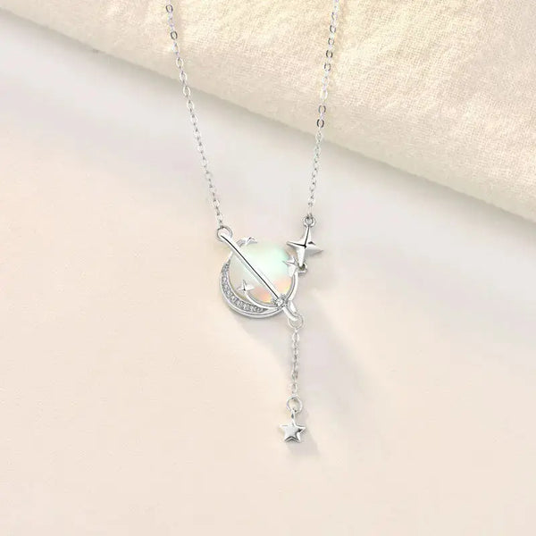 LOVCIA Elegant Natural Moonstone Planet Star 925 Sterling Silver Necklace