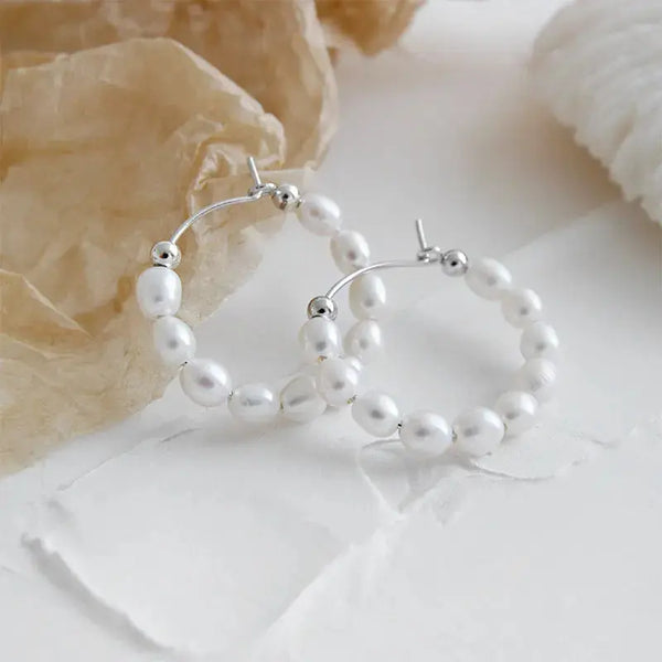 Lovcia Elegant Natural Pearls Circles 925 Sterling Silver Hoop Earrings-Earrings-Rhodium-Rhodium