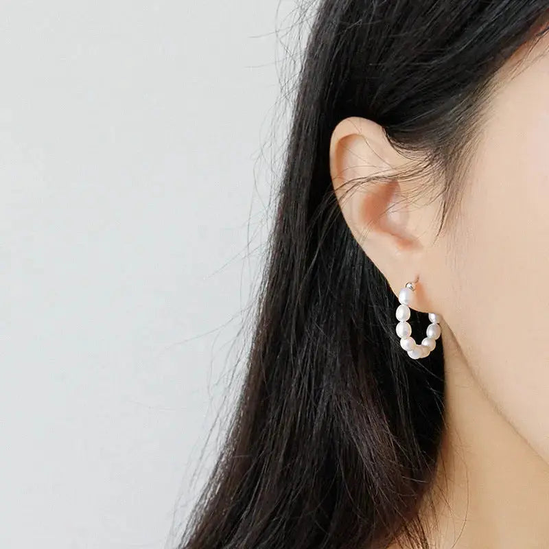 Lovcia Elegant Natural Pearls Circles 925 Sterling Silver Hoop Earrings-Earrings-Rhodium-Rhodium