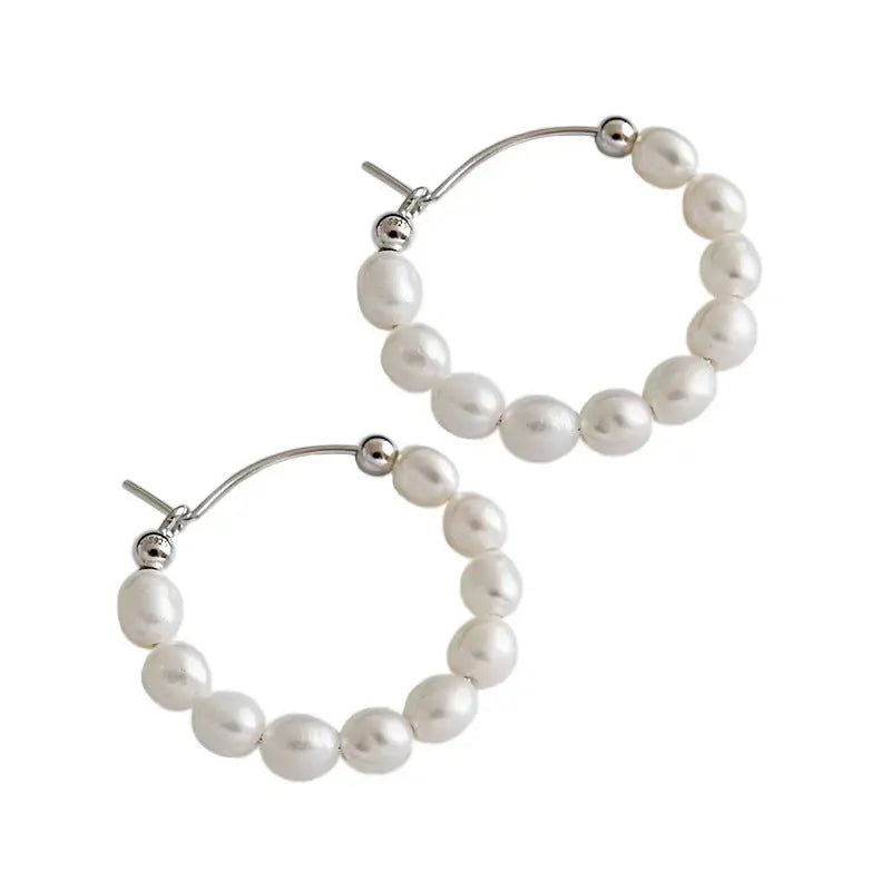 Lovcia Elegant Natural Pearls Circles 925 Sterling Silver Hoop Earrings-Earrings-Rhodium-Rhodium