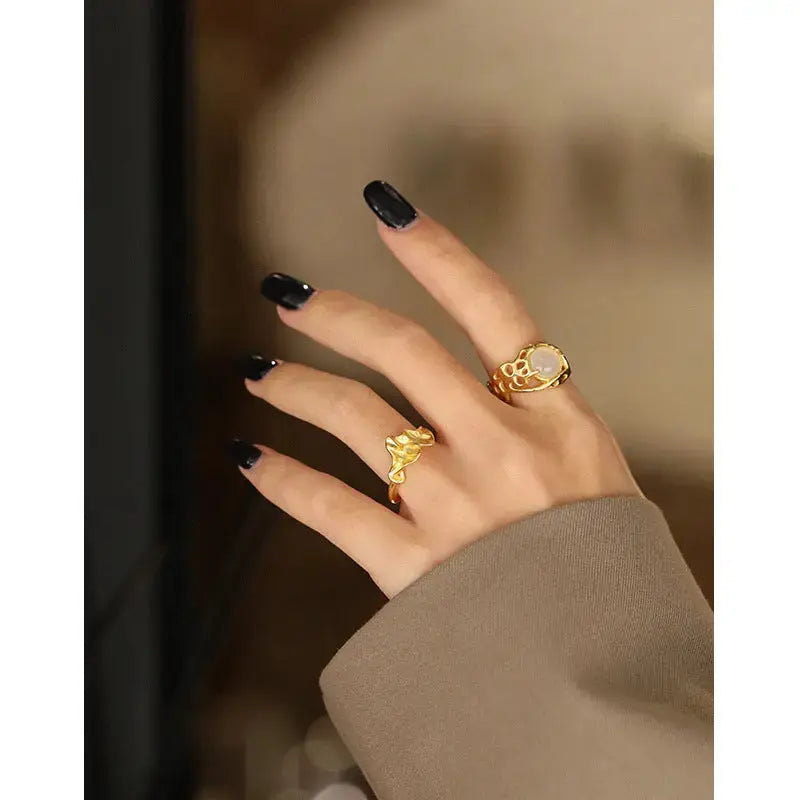 Lovcia Elegant Natural Round Agate Hollow 925 Sterling Silver Adjustable Ring-Rings-Rhodium-Rhodium
