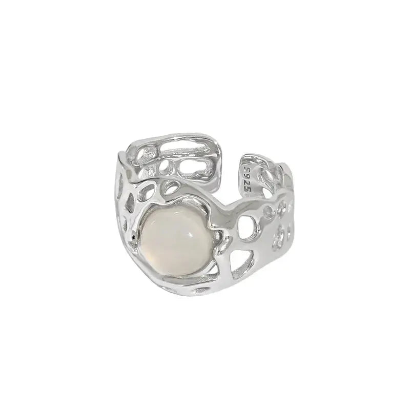 Lovcia Elegant Natural Round Agate Hollow 925 Sterling Silver Adjustable Ring-Rings-Rhodium-Rhodium
