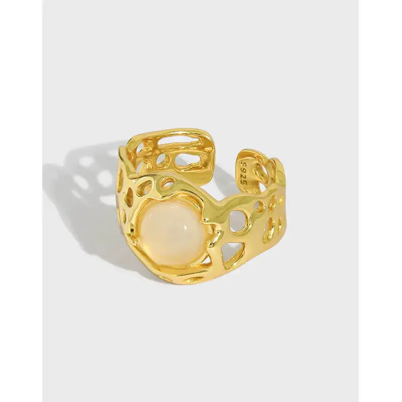 Lovcia Elegant Natural Round Agate Hollow 925 Sterling Silver Adjustable Ring-Rings-Yellow Gold-Yellow Gold