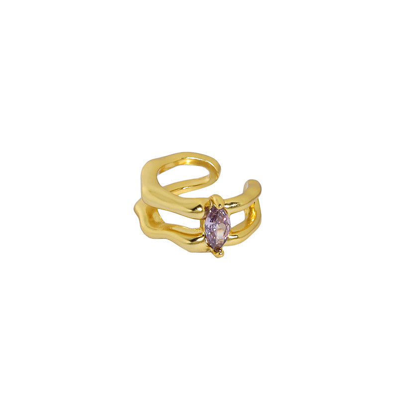 Lovcia Elegant Oval CZ Double Layer 925 Sterling Silver Clip-On Earring for Women (Single)-Earrings-Yellow Gold (Single Piece)-Yellow Gold (Single Piece)