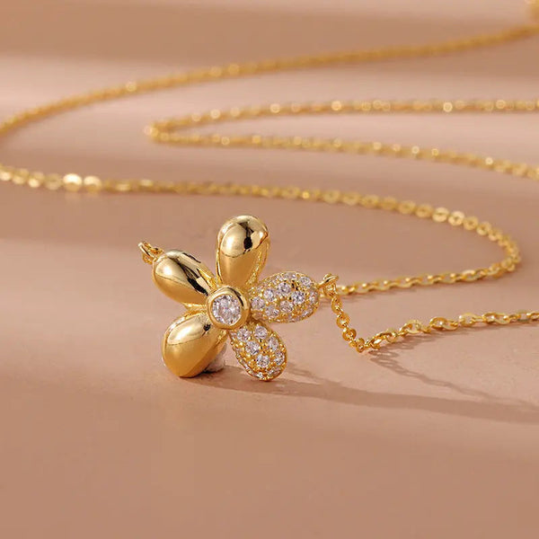 Lovcia Elegant Pavé Petals Sunflower Design Gold Plated Sterling Silver Pendant Necklace for Women-Necklaces-SUNFLOWER Necklace-SUNFLOWER Necklace
