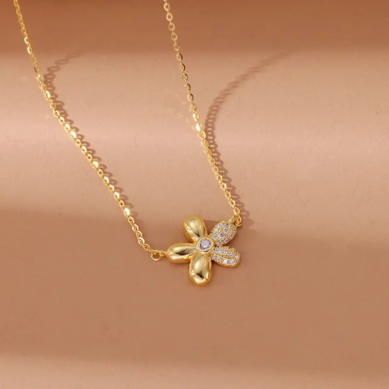 Lovcia Elegant Pavé Petals Sunflower Design Gold Plated Sterling Silver Pendant Necklace for Women-Necklaces-SUNFLOWER Necklace-SUNFLOWER Necklace