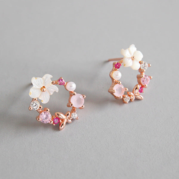 Lovcia Elegant Pink CZ Shell Flower Garland 925 Sterling Silver Rose Gold Stud Earrings for Women-Earrings-Rose Gold-Rose Gold