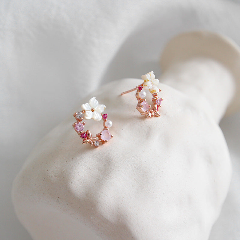 Lovcia Elegant Pink CZ Shell Flower Garland 925 Sterling Silver Rose Gold Stud Earrings for Women-Earrings-Rose Gold-Rose Gold