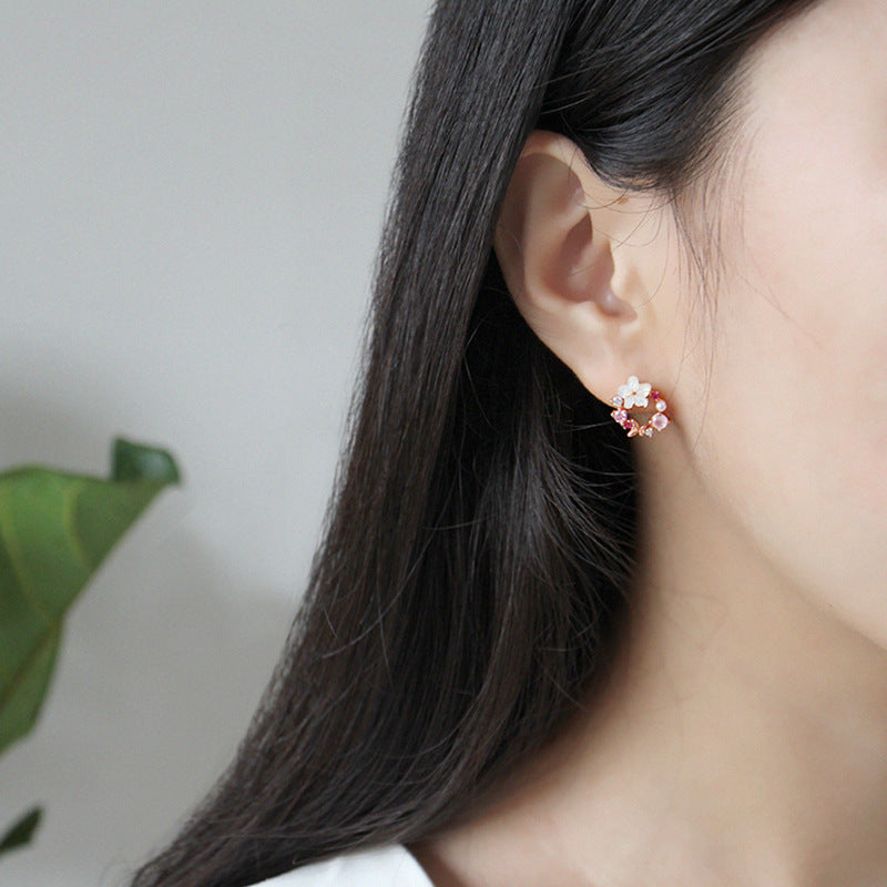 Lovcia Elegant Pink CZ Shell Flower Garland 925 Sterling Silver Rose Gold Stud Earrings for Women-Earrings-Rose Gold-Rose Gold
