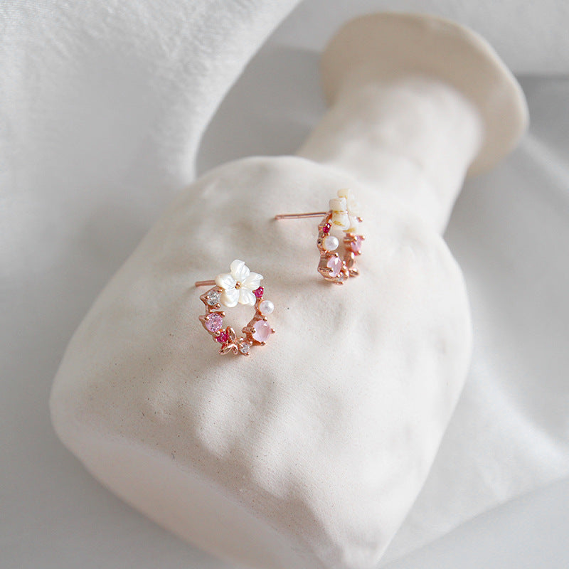 Lovcia Elegant Pink CZ Shell Flower Garland 925 Sterling Silver Rose Gold Stud Earrings for Women-Earrings-Rose Gold-Rose Gold