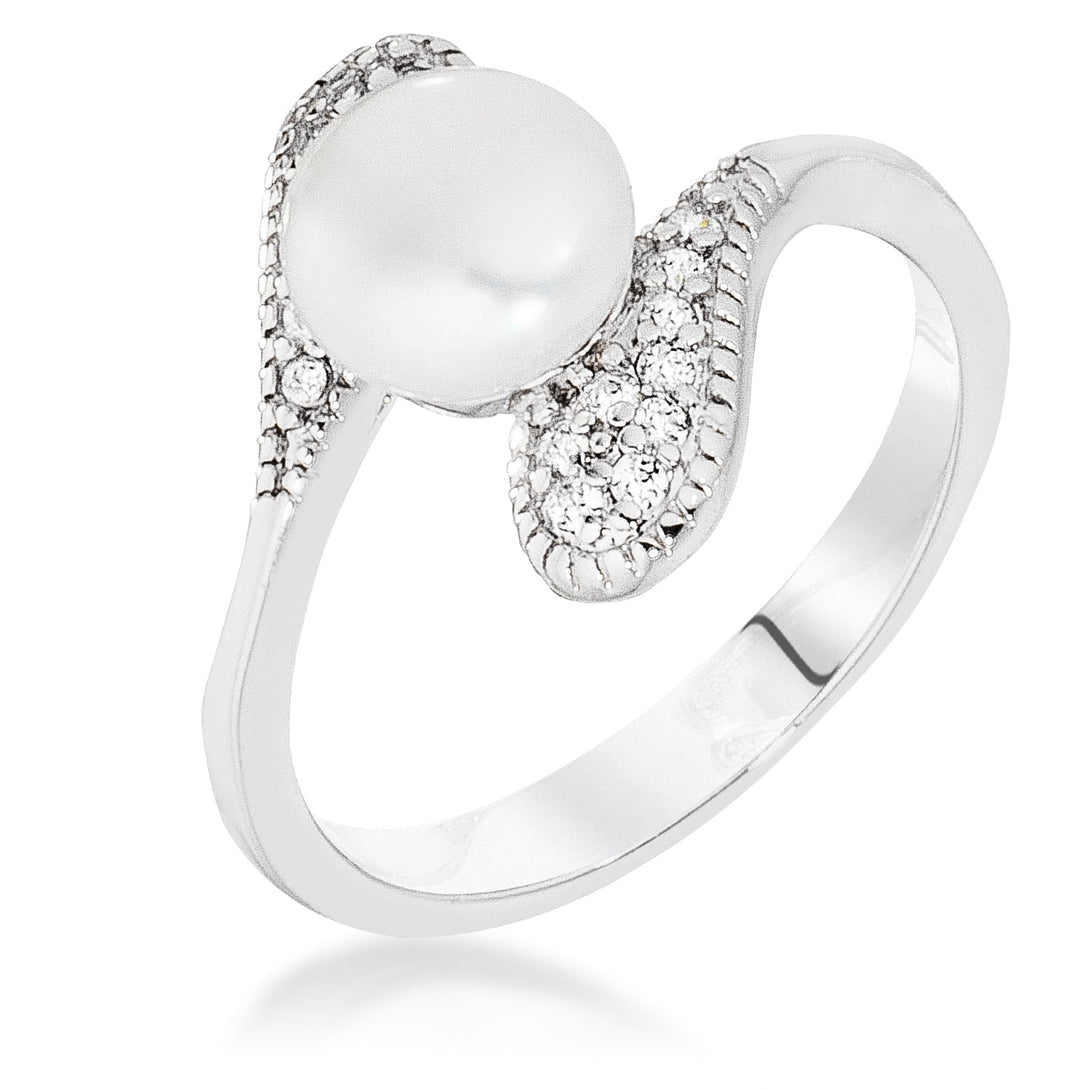 Lovcia Elegant Rhodium Double Teardrop Pearl Ring with CZ Accents-Rings-5-5