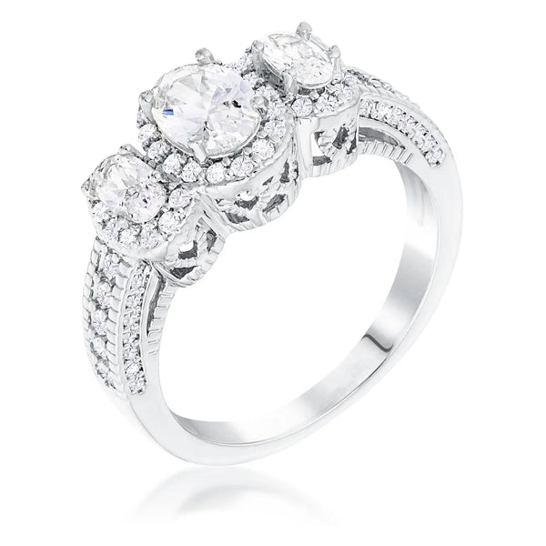 Lovcia Elegant Rhodium Plated 3-Stone Oval Cut CZ Halo Engagement Ring-Rings-5-5