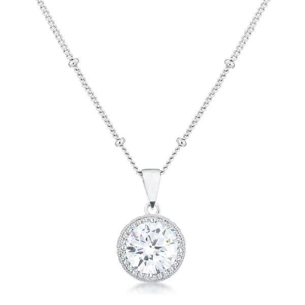 Lovcia Elegant Rhodium-Plated Halo Pendant with Clear CZ Stones-Pendants-
