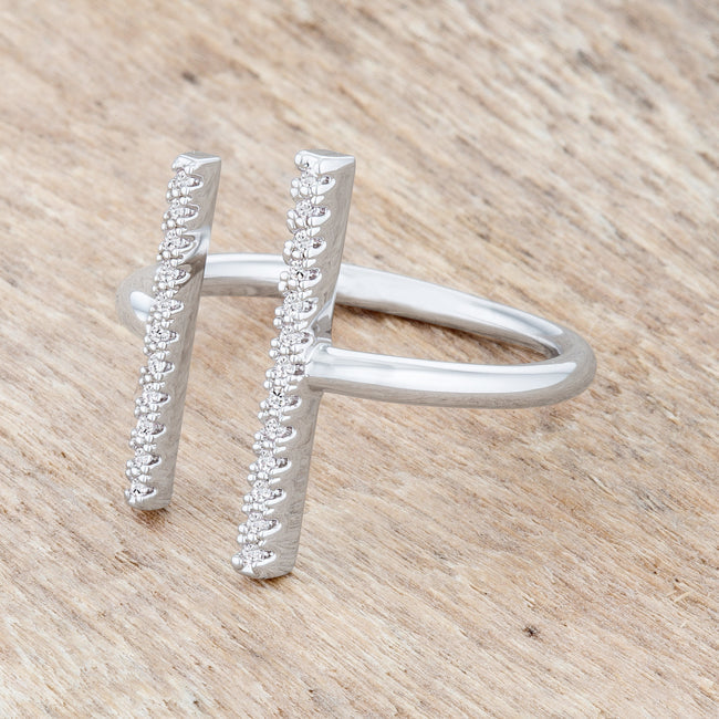 Lovcia Elegant Rhodium-Plated Parallel Cuff Ring with 12 CZ Stones-Rings-5-5