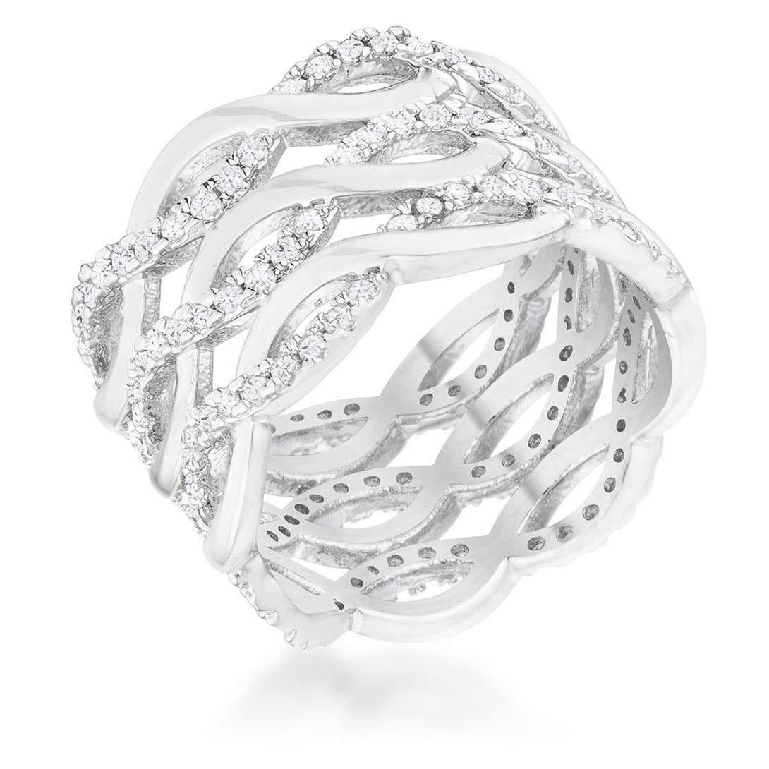 Lovcia Elegant Rhodium-Plated Wide Twist Cocktail Ring with 0.88ct CZ-Rings-5-5