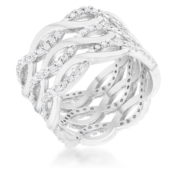 Lovcia Elegant Rhodium-Plated Wide Twist Cocktail Ring with 0.88ct CZ-Rings-5-5