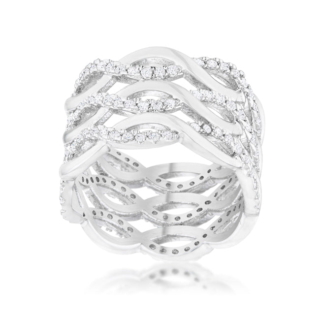 Lovcia Elegant Rhodium-Plated Wide Twist Cocktail Ring with 0.88ct CZ-Rings-5-5