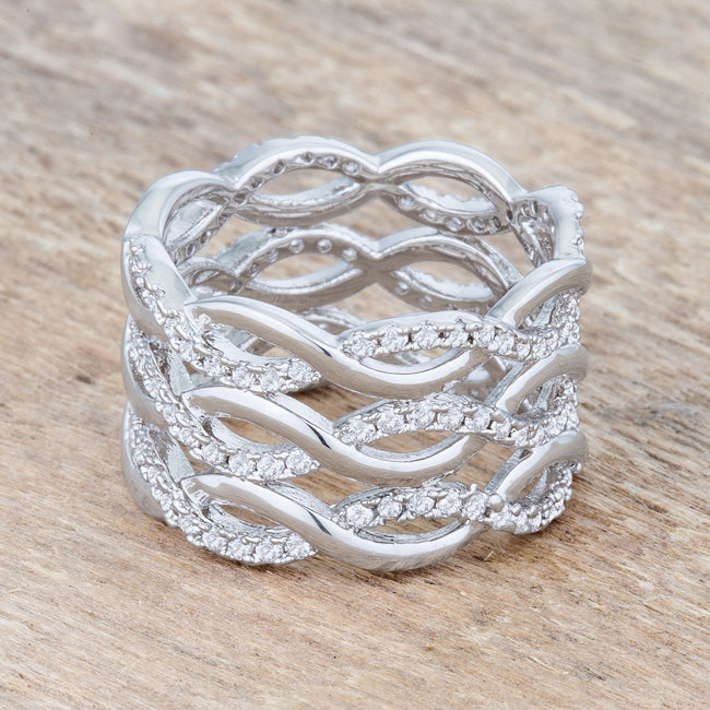 Lovcia Elegant Rhodium-Plated Wide Twist Cocktail Ring with 0.88ct CZ-Rings-5-5