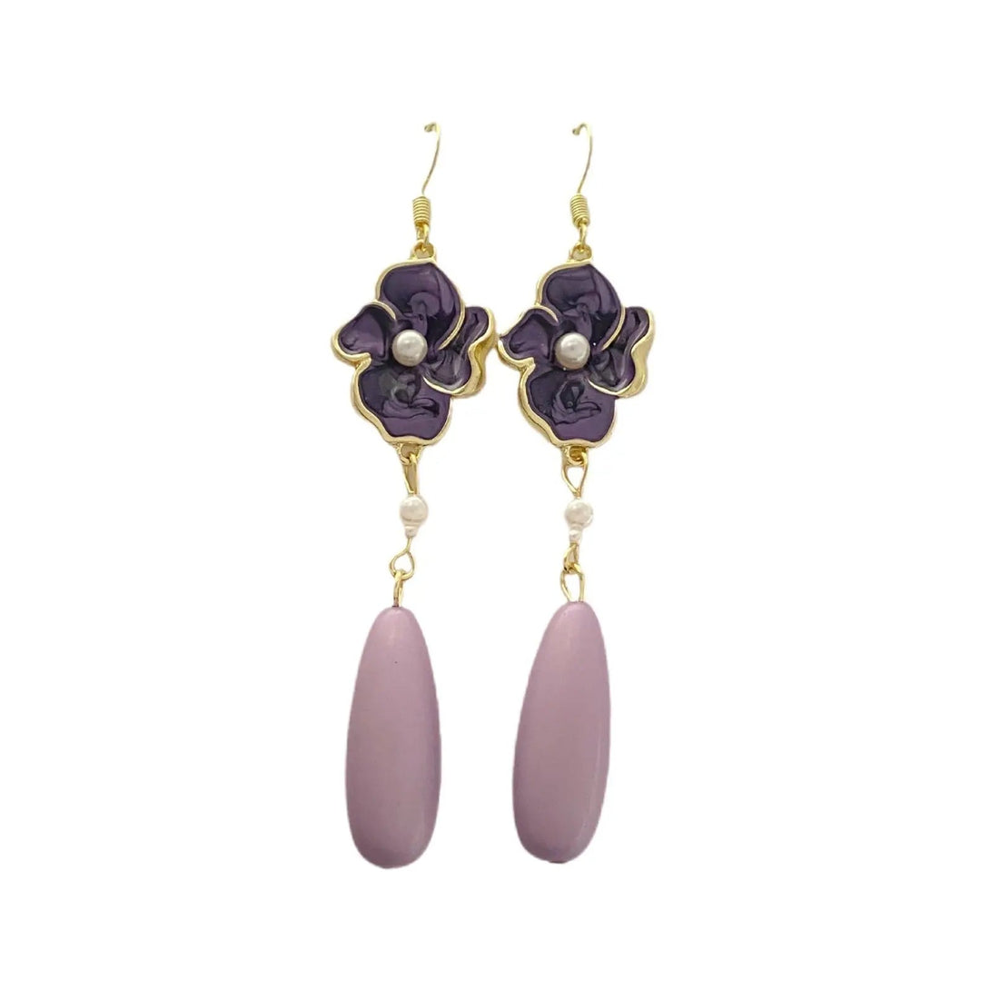 Lovcia Elegant Rich Purple Floral Pearl Dangle Drop Earrings for Women-Earrings-Purple Flower Earrings-Purple Flower Earrings