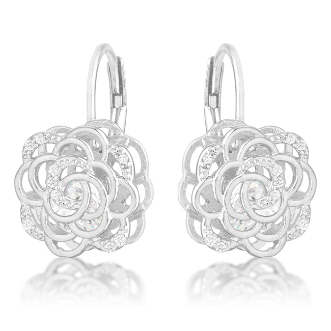 Lovcia Elegant Rose Design Rhodium Drop Earrings with 1.5ct CZ-Earrings-