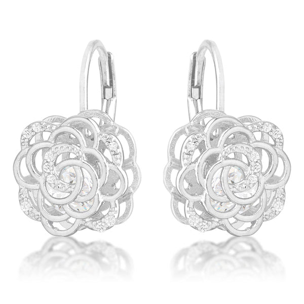 Lovcia Elegant Rose Design Rhodium Drop Earrings with 1.5ct CZ-Earrings-