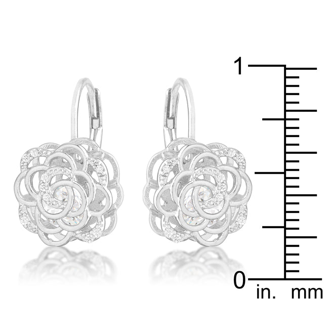 Lovcia Elegant Rose Design Rhodium Drop Earrings with 1.5ct CZ-Earrings-
