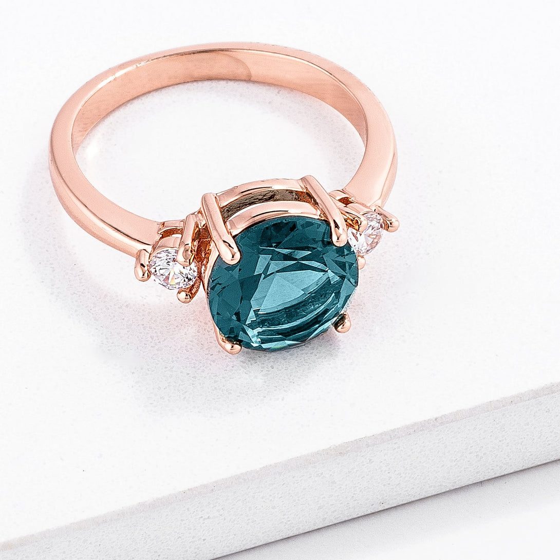 Lovcia Elegant Rose Gold Peacock Blue Three-Stone Engagement Ring-Rings-5-5