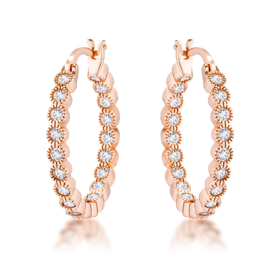 Lovcia Elegant Rose Gold Plated Hoop Earrings with Dotted Clear CZ Round Bezel-Earrings-