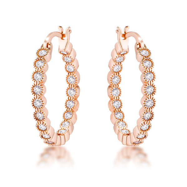 Lovcia Elegant Rose Gold Plated Hoop Earrings with Dotted Clear CZ Round Bezel-Earrings-