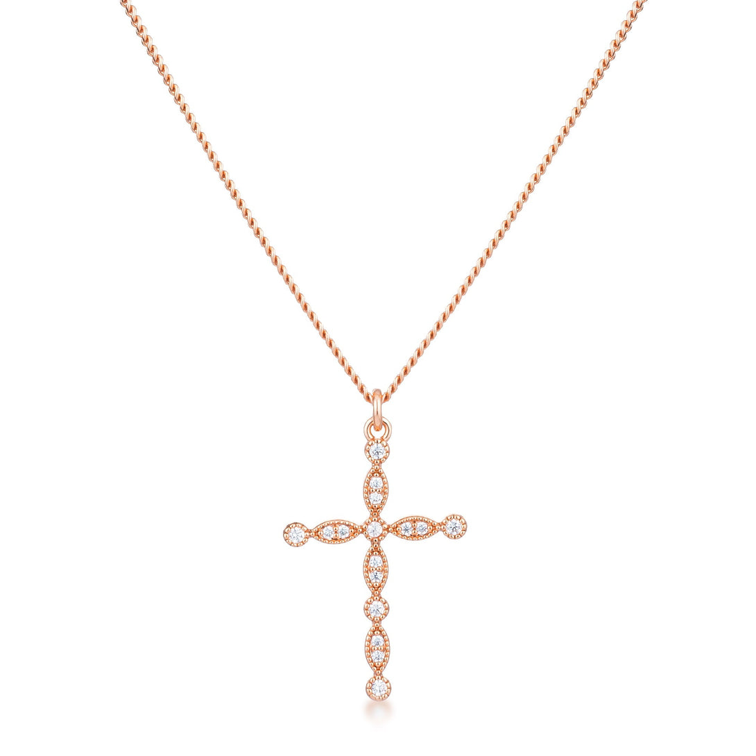 Lovcia Elegant Rose Gold Plated Vintage Cross Pendant with Clear CZ Stones-Pendants-