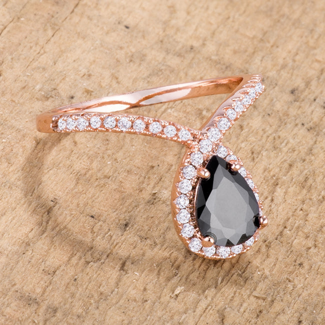 Lovcia Elegant Rose Goldtone Chevron Ring with Black Onyx CZ Centerpiece-Rings-5-5