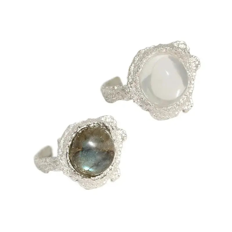 LOVCIA Elegant Round Natural Anemousite/Crystal CZ 925 Sterling Silver Adjustable Ring