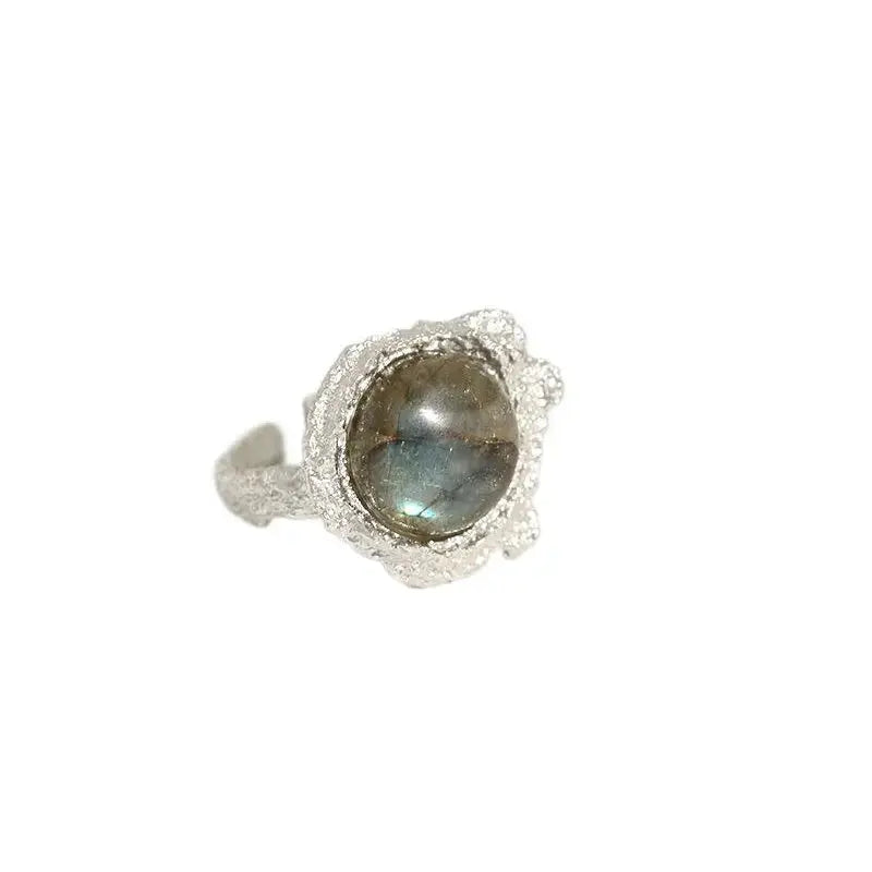 LOVCIA Elegant Round Natural Anemousite/Crystal CZ 925 Sterling Silver Adjustable Ring