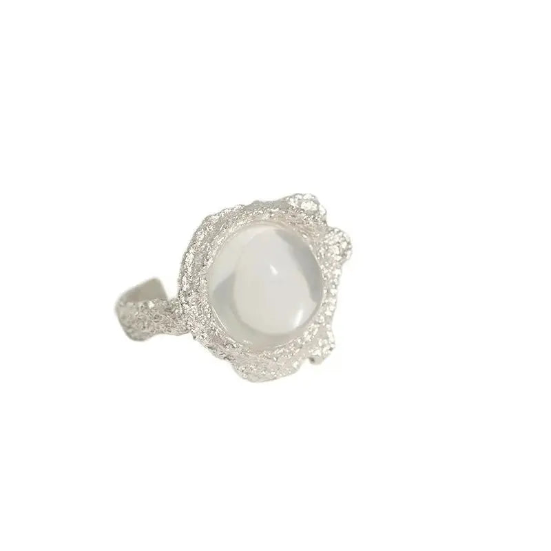 LOVCIA Elegant Round Natural Anemousite/Crystal CZ 925 Sterling Silver Adjustable Ring