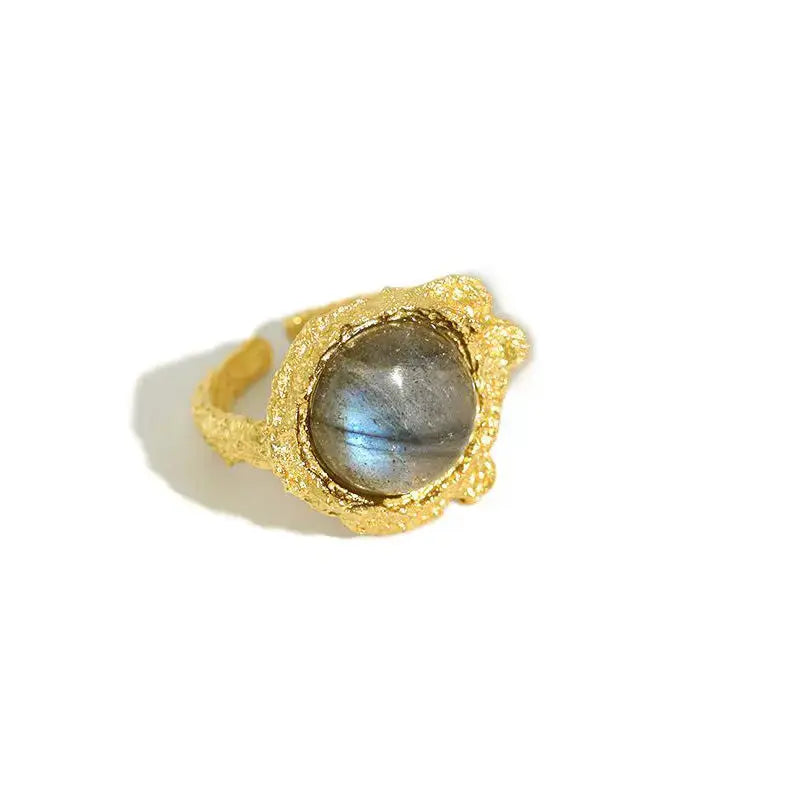 LOVCIA Elegant Round Natural Anemousite/Crystal CZ 925 Sterling Silver Adjustable Ring