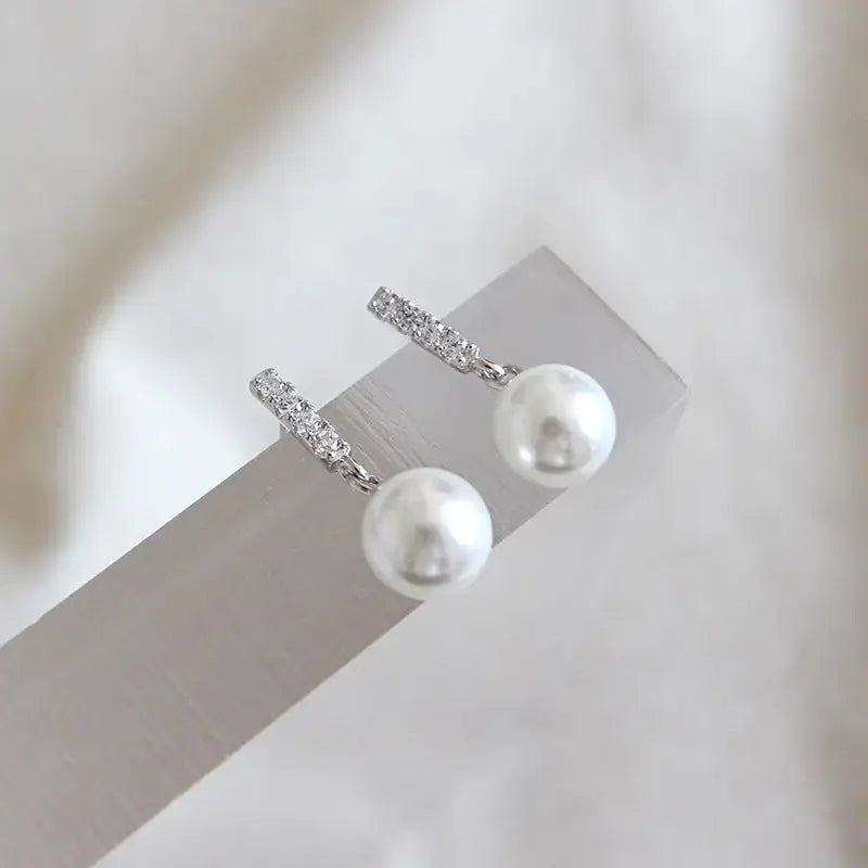 Lovcia Elegant Round Shell Pearl CZ 925 Sterling Silver Stud Earrings-Earrings-Rhodium-Rhodium